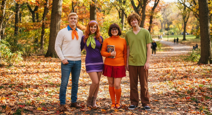 Four friends dressed as the Scooby-Doo mystery gang standing together outdoors