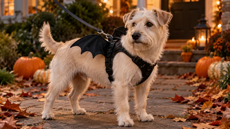 terrier wearing soft bat wings