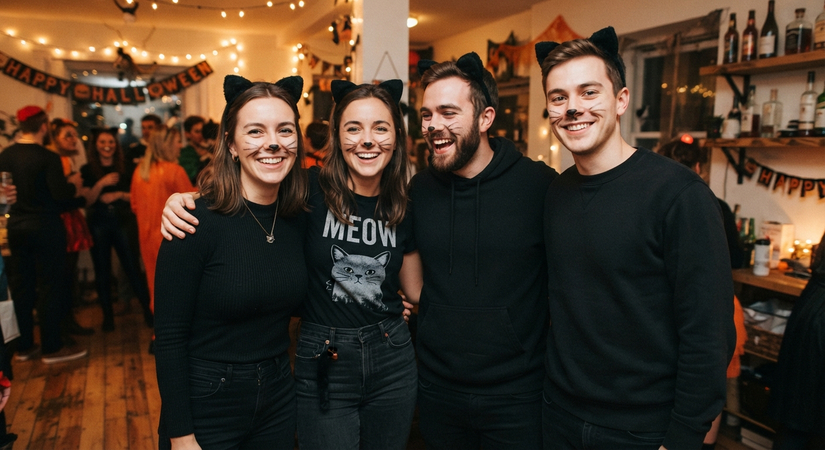 Four friends wearing cat ears and black clothing for an easy DIY cat costume