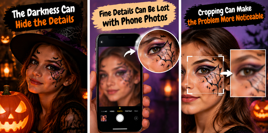 Blurry Halloween face paint photo showing lost details due to low lighting and noise