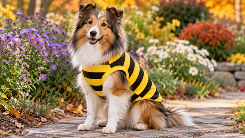 sheltie in striped bee costume