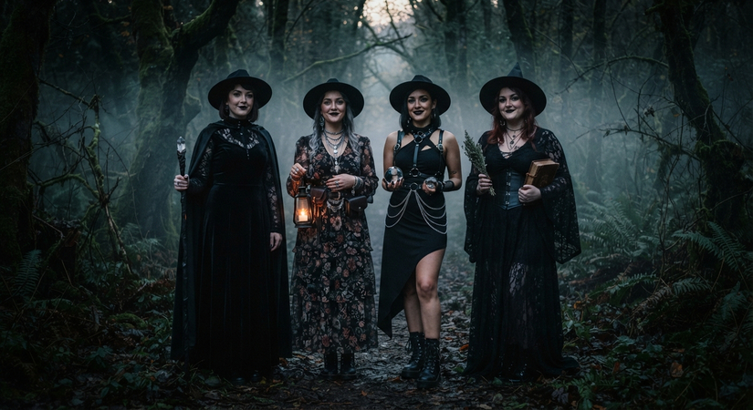Four women wearing stylish black witch hats and distinct gothic or bohemian dresses