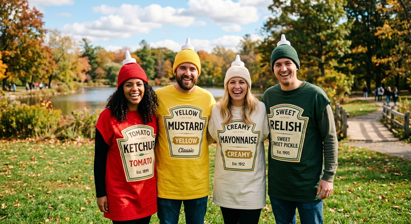 Four friends wearing condiment bottle tunics for ketchup, mustard, mayo, and relish