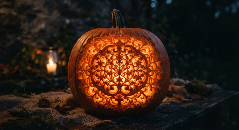 Artistic 3D layered pumpkin carving displaying glowing intricate patterns