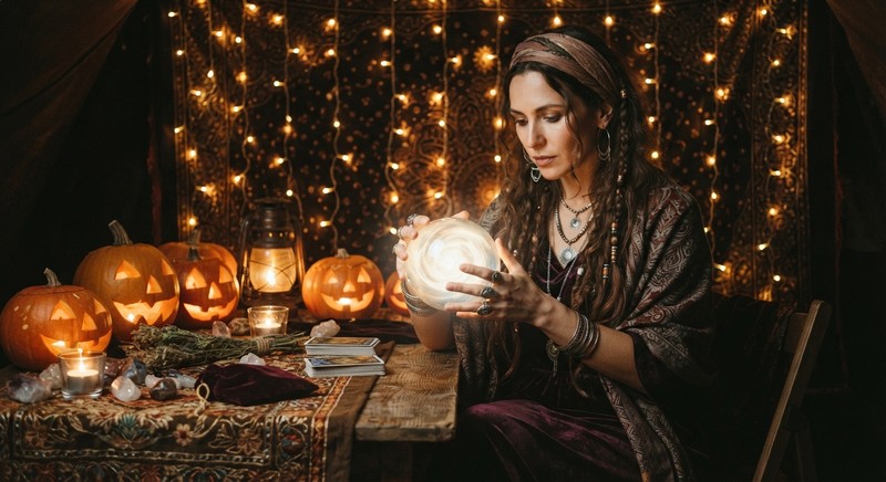 Adult model dressed as a mystic fortune teller holding a crystal ball beside carved pumpkins and a lantern against a dark fabric backdrop with fairy lights