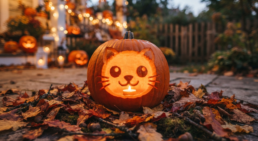 Cute cat face carved on a glowing Halloween pumpkin with leaves