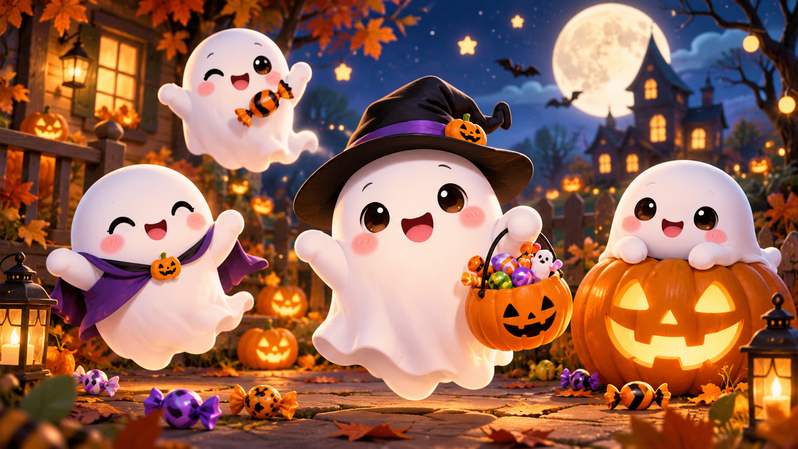Friendly kawaii ghost Halloween GIF with smiling face and candy
