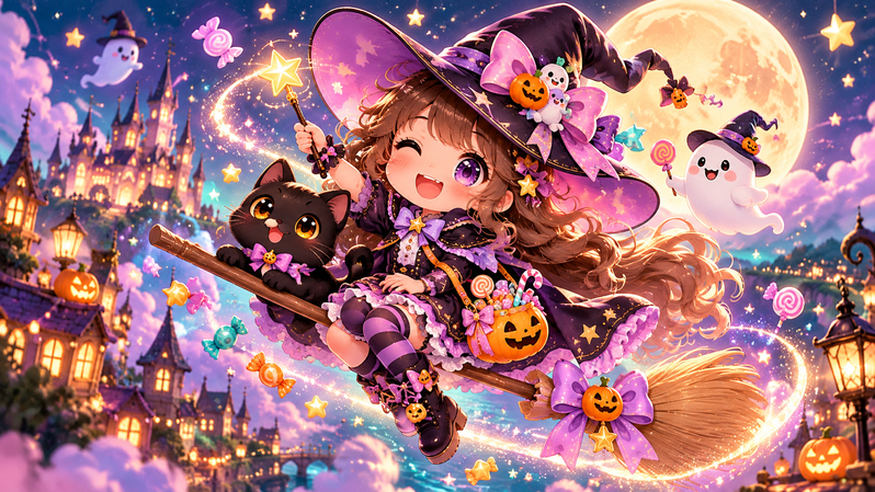 Kawaii witch Halloween animation with broomstick, magic sparkles, and moon