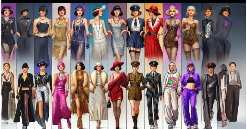 Four people dressed in distinct historical fashion eras from the 1920s to 1990s