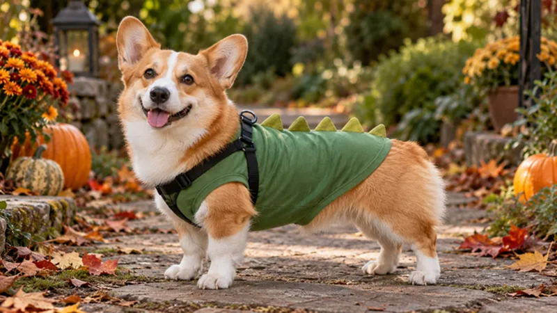 corgi wearing green dinosaur costume
