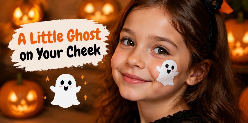 Simple Halloween ghost face paint design painted on cheek