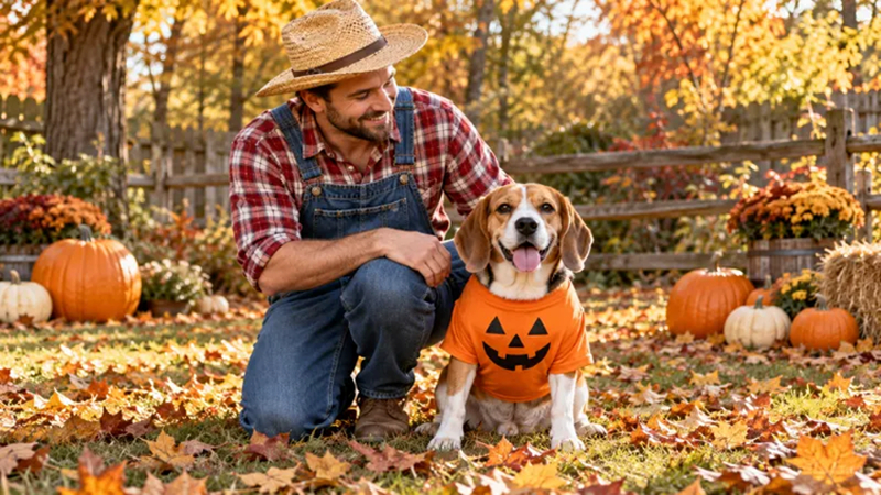 farmer beside pumpkin shirt dog