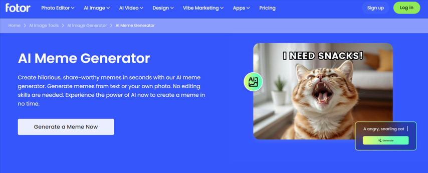Fotor online canvas displaying AI meme creation and text typography tools.