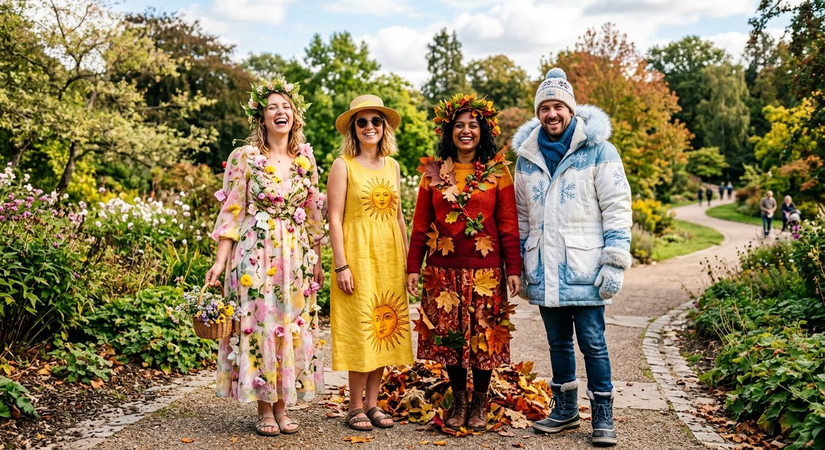 Four individuals creatively dressed to represent Spring, Summer, Autumn, and Winter