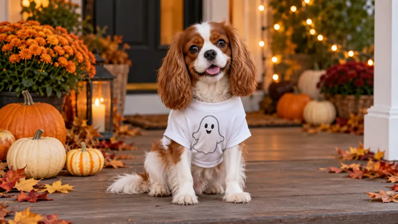 spaniel in white ghost shirt
