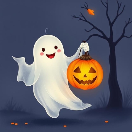 ghost holding pumpkin lantern