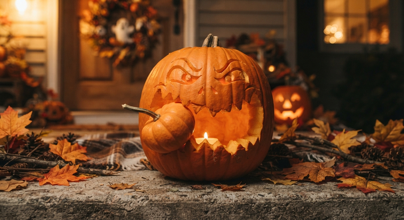 Funny carved pumpkin eating a small miniature pumpkin on a step