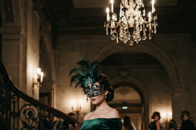 Adult model in a full-length emerald velvet gown and a feathered masquerade mask posing on a dark staircase with soft elegant lighting