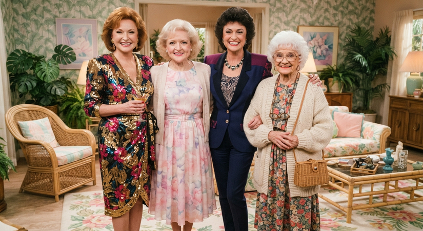 Four women dressed in retro 1980s floral dresses and cardigans representing The Golden Girls.
