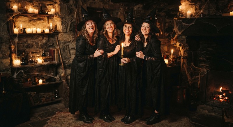 Four adult friends in matching dark witch costumes and pointed hats standing close together in a candle-lit room for a group Halloween photo