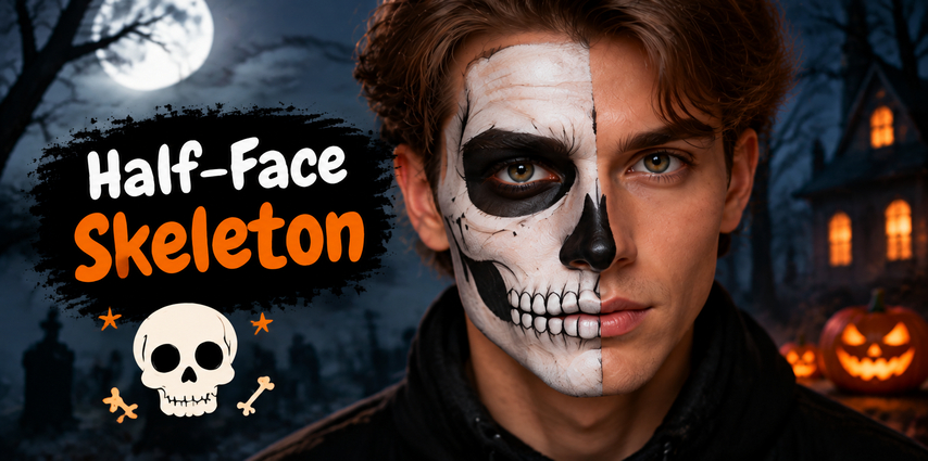 Dramatic half-face skeleton Halloween face paint