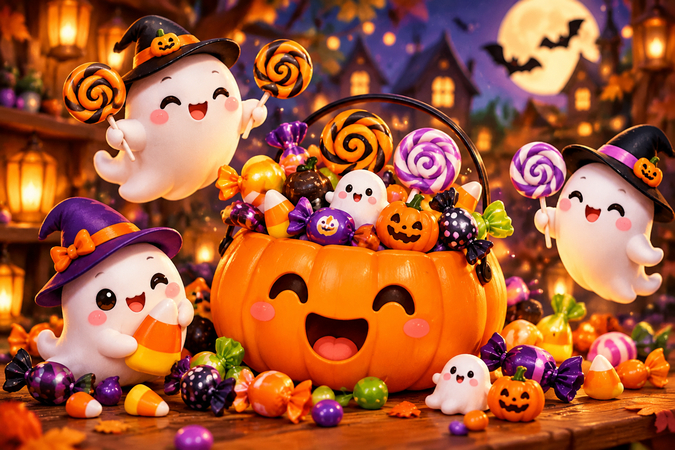 Cute Halloween candy GIF with colorful sweets and treat baskets