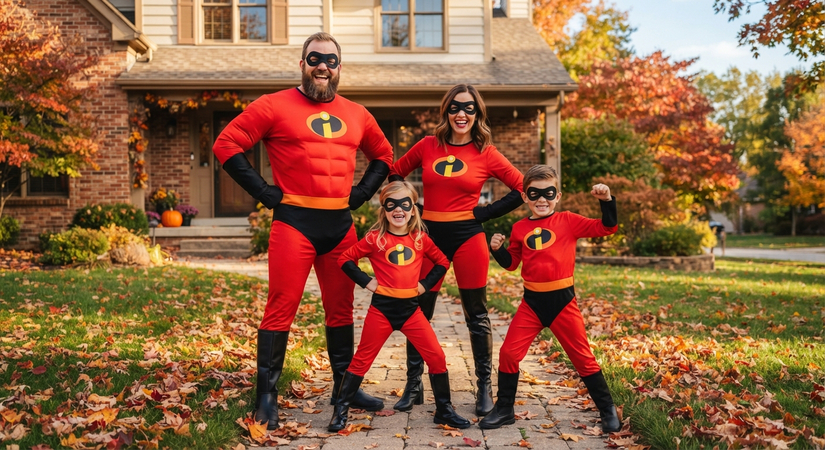 Family of four wearing red and black superhero jumpsuits as The Incredibles