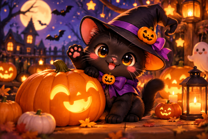 Cute black cat wearing witch hat with Halloween decorations