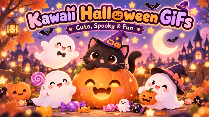 Cute kawaii Halloween GIF characters with ghosts, pumpkins, and cats