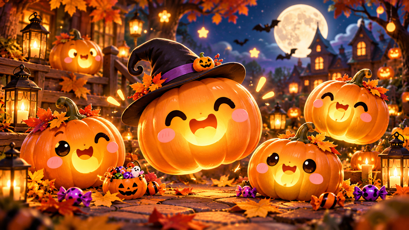 Cute glowing pumpkin jack-o-lantern Halloween animation with smiling face