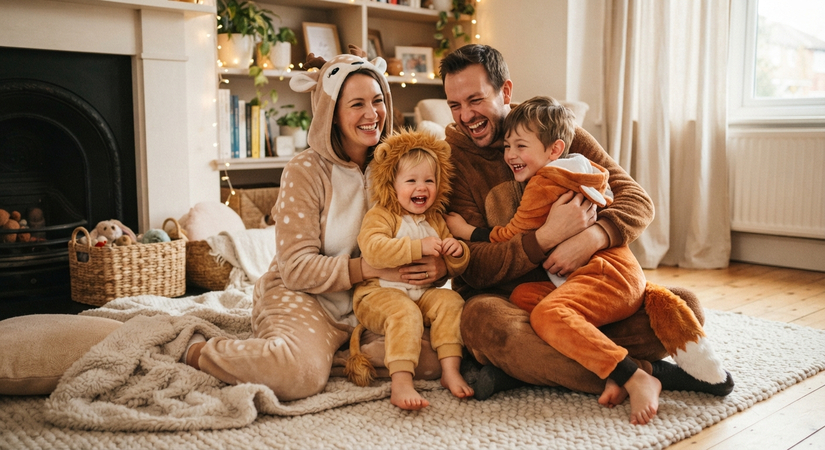 Family dressed in cute lion cub and animal character onesies