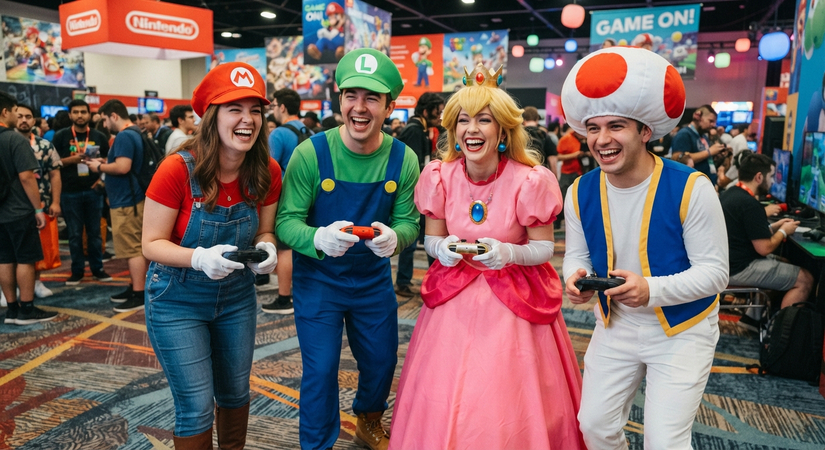 Four gamers dressed as Mario, Luigi, Princess Peach, and Toad in bright primary colors