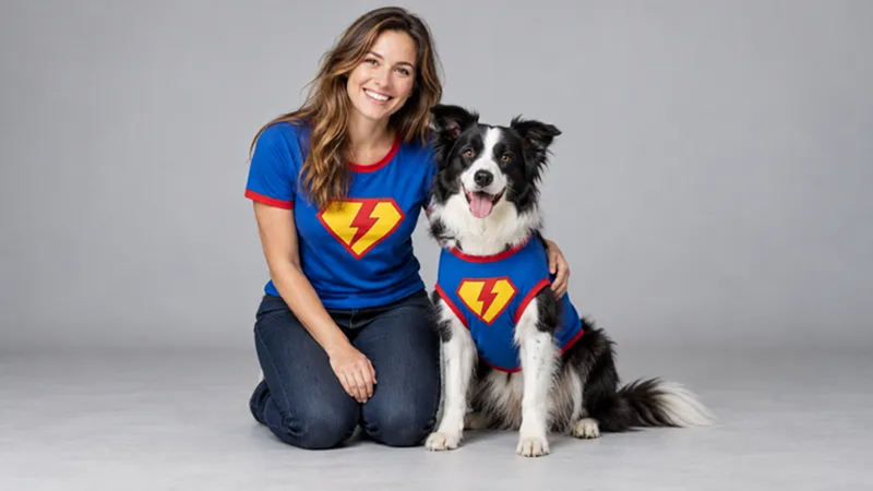 owner and dog wearing badges
