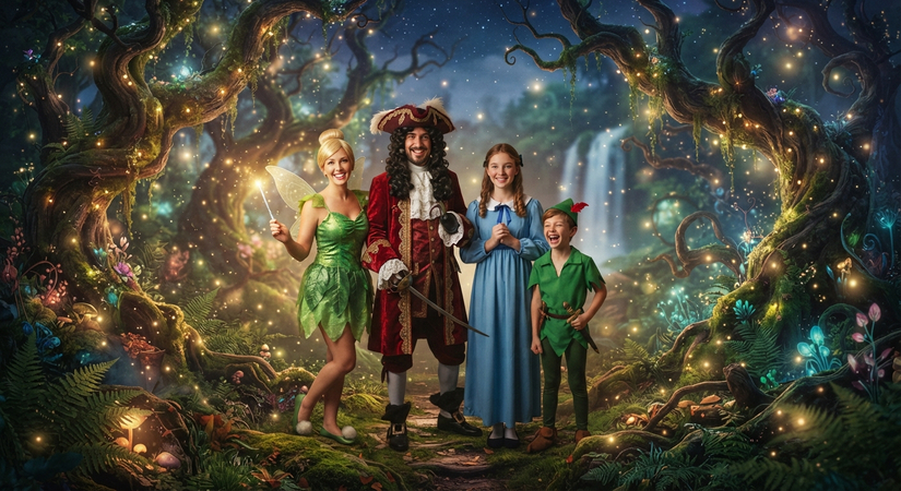 Family dressed as Peter Pan characters in a magical woodland background