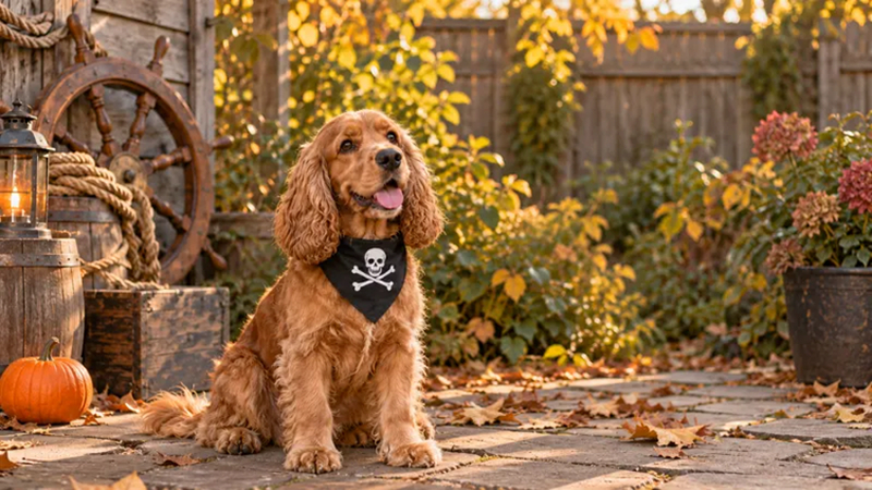 spaniel wearing skull print bandana