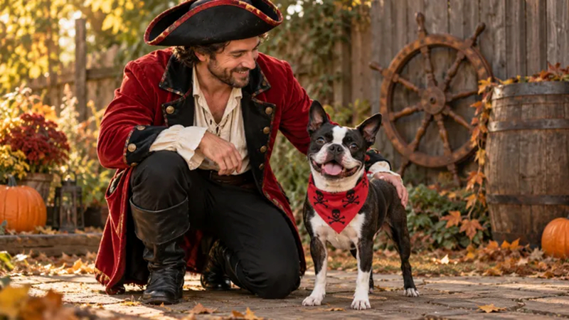 pirate owner with bandana dog
