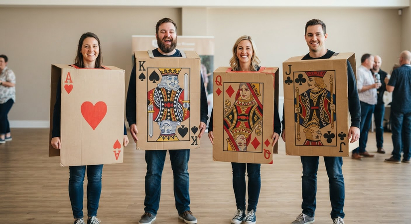 Four people wearing large cardboard playing card costumes of Ace, King, Queen, Jack