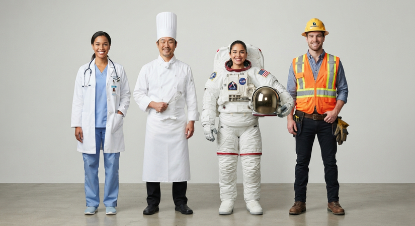 Four individuals wearing standard career uniforms like doctor, chef, and astronaut