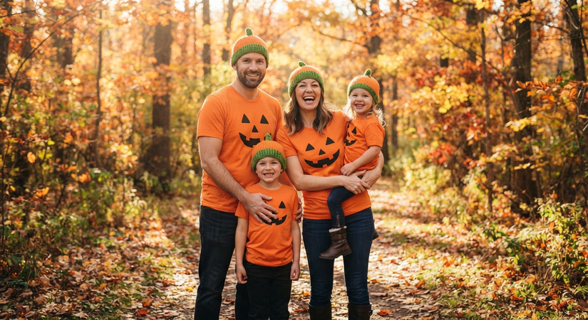 Family wearing adorable orange pumpkin shirts and green stem hats for autumn