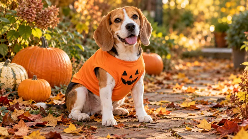 beagle wearing orange pumpkin shirt