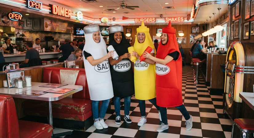 Four friends dressed as kitchen seasoning bottles for a quirky diner theme