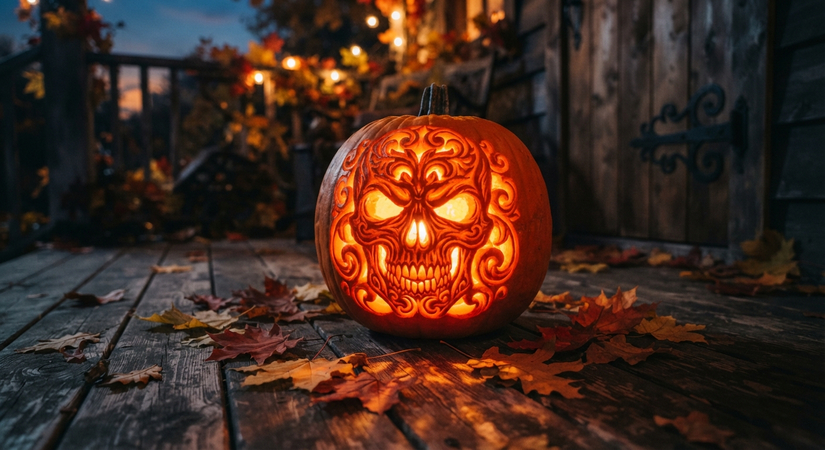Intricate scary carved skull pumpkin glowing brightly on a porch