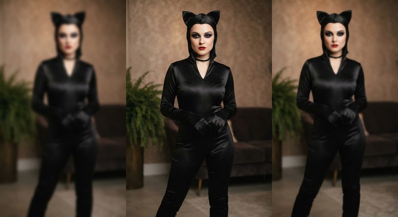 Adult model in a fully covered fitted black satin cat costume with red lipstick and smoky eye makeup standing confidently in soft front light