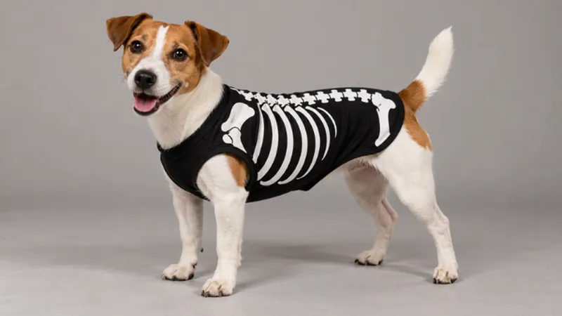 terrier wearing black skeleton shirt