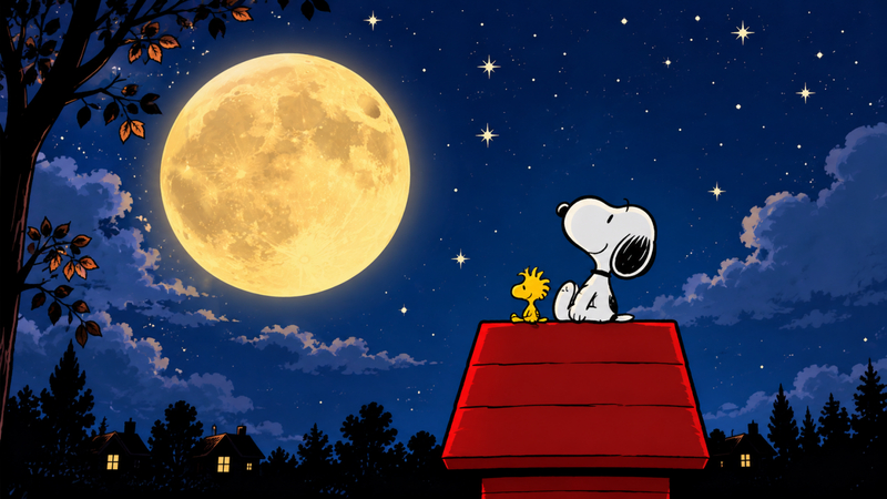 snoopy and woodstock watching the full moon