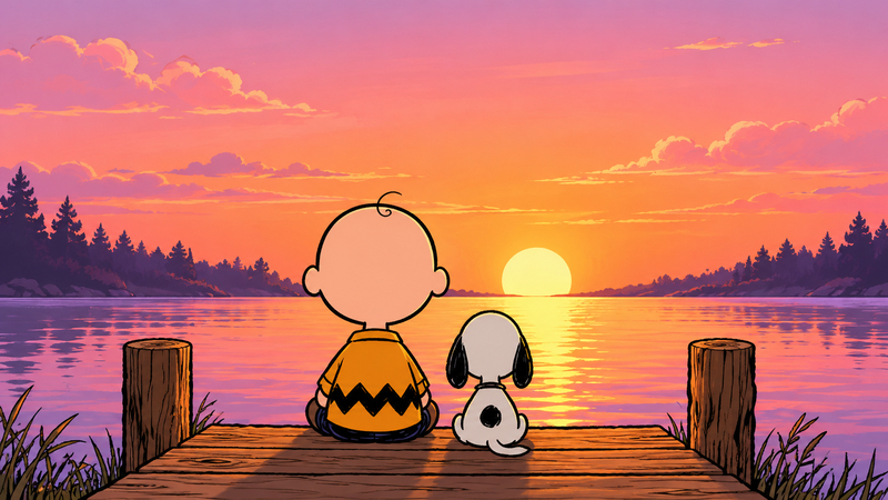 snoopy and charlie brown watching a pink sunset over the lake