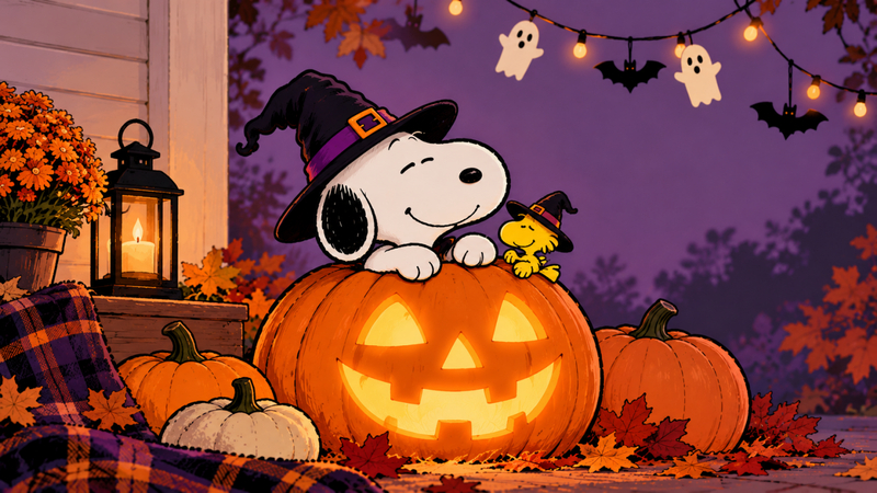 snoopy with a glowing jack-o-lantern on halloween