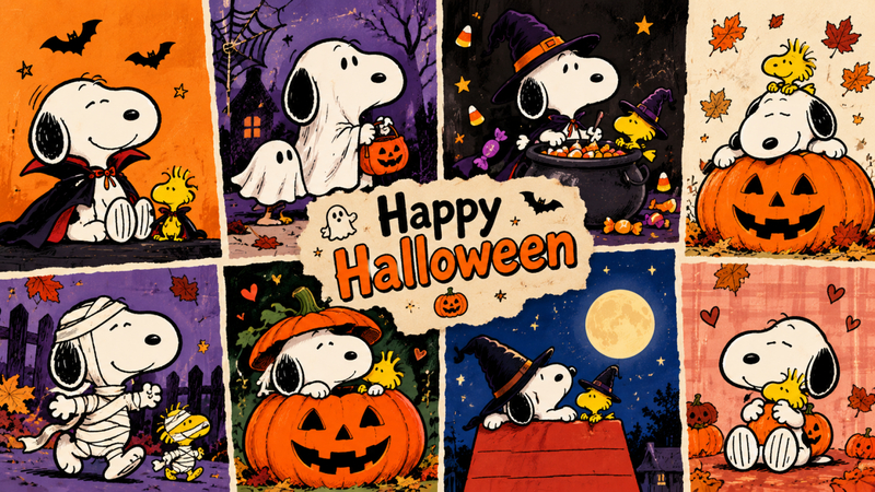 snoopy happy halloween collage with pumpkins and costumes