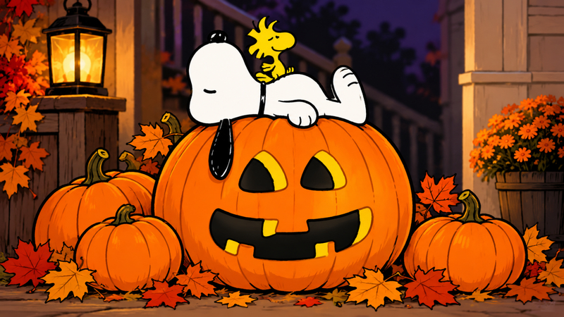 snoopy relaxing on a jack-o-lantern surrounded by pumpkins