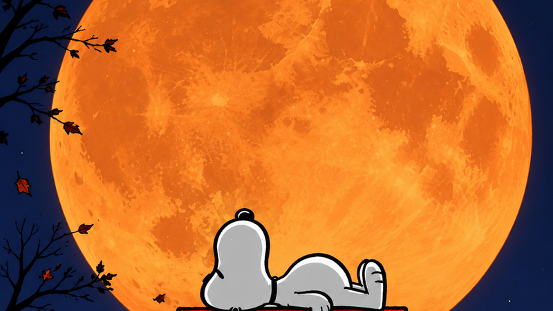relaxing on his doghouse beneath a halloween moon